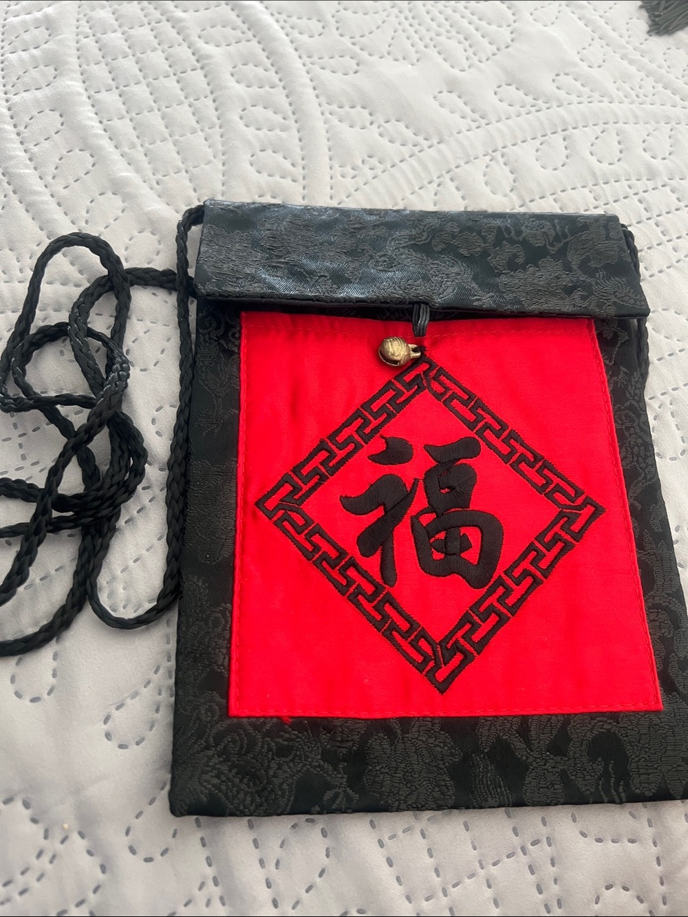 Embroidered Red & Black Silk Crossbody Pouch